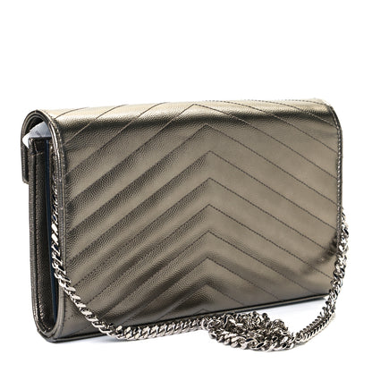 Saint Laurent Metallic Grain De Poudre Matelasse Chevron Monogram Chain Wallet Piombo 2 of 9