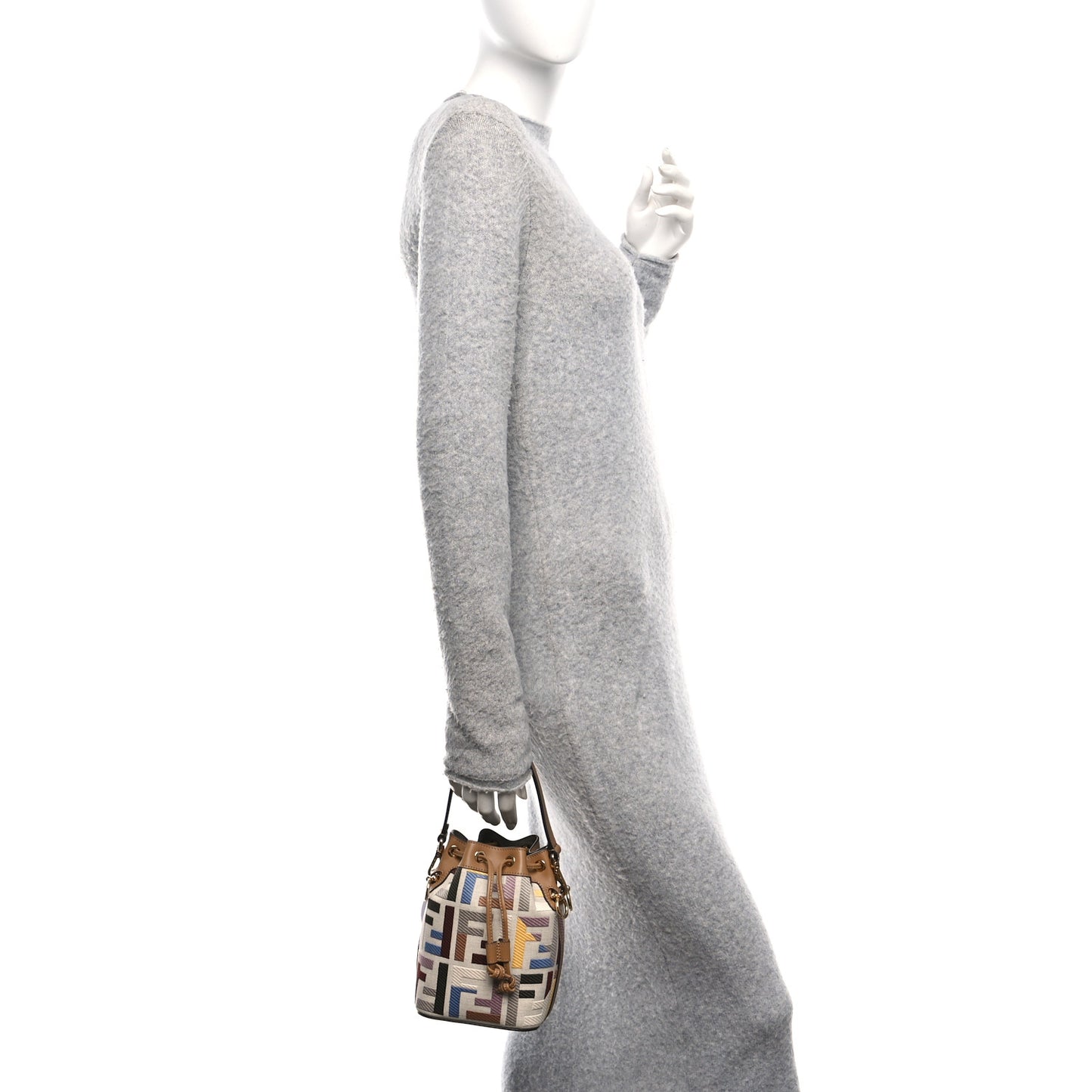 Canvas Vitello King FF Embroidered Mini Mon Tresor Bucket Bag Dusty Mauve Cappuccino Multicolor