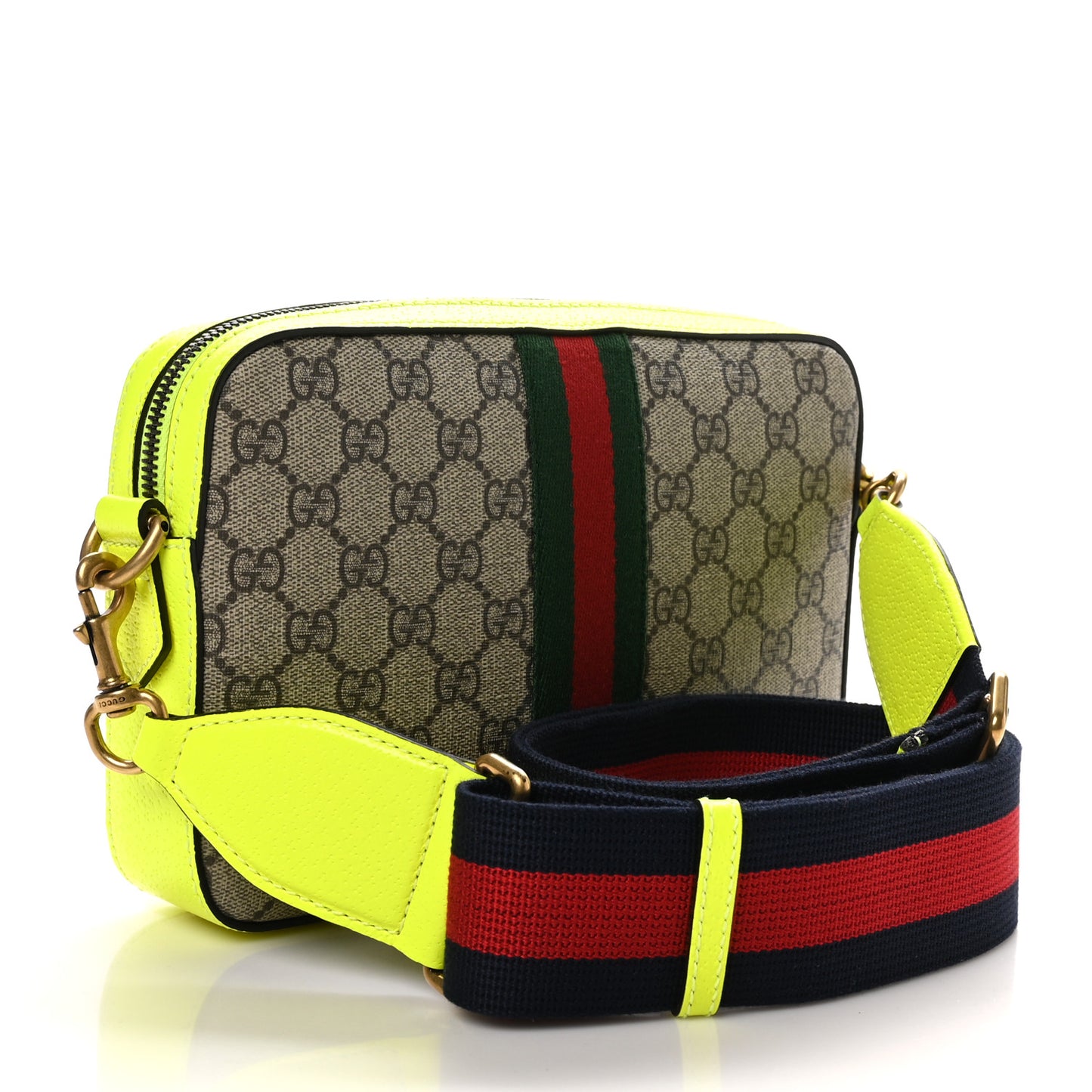 GG Supreme Monogram Textured Dollar Calfskin Web Ophidia Wristlet Shoulder Bag Beige Ebony Fluo Yellow