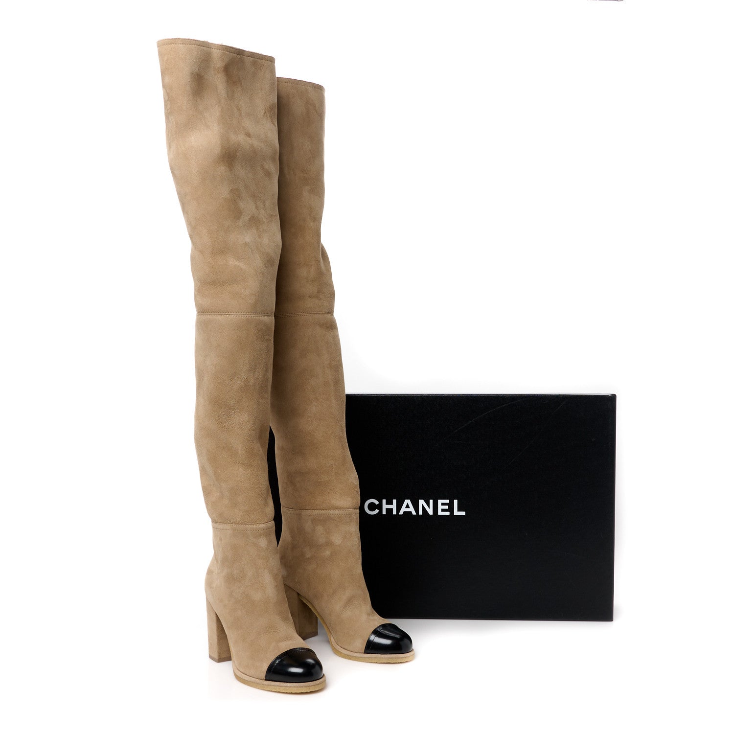 Chanel Shearling Sheepskin Shiny Calfskin Thigh Boots 38 Beige Black 8 of 8