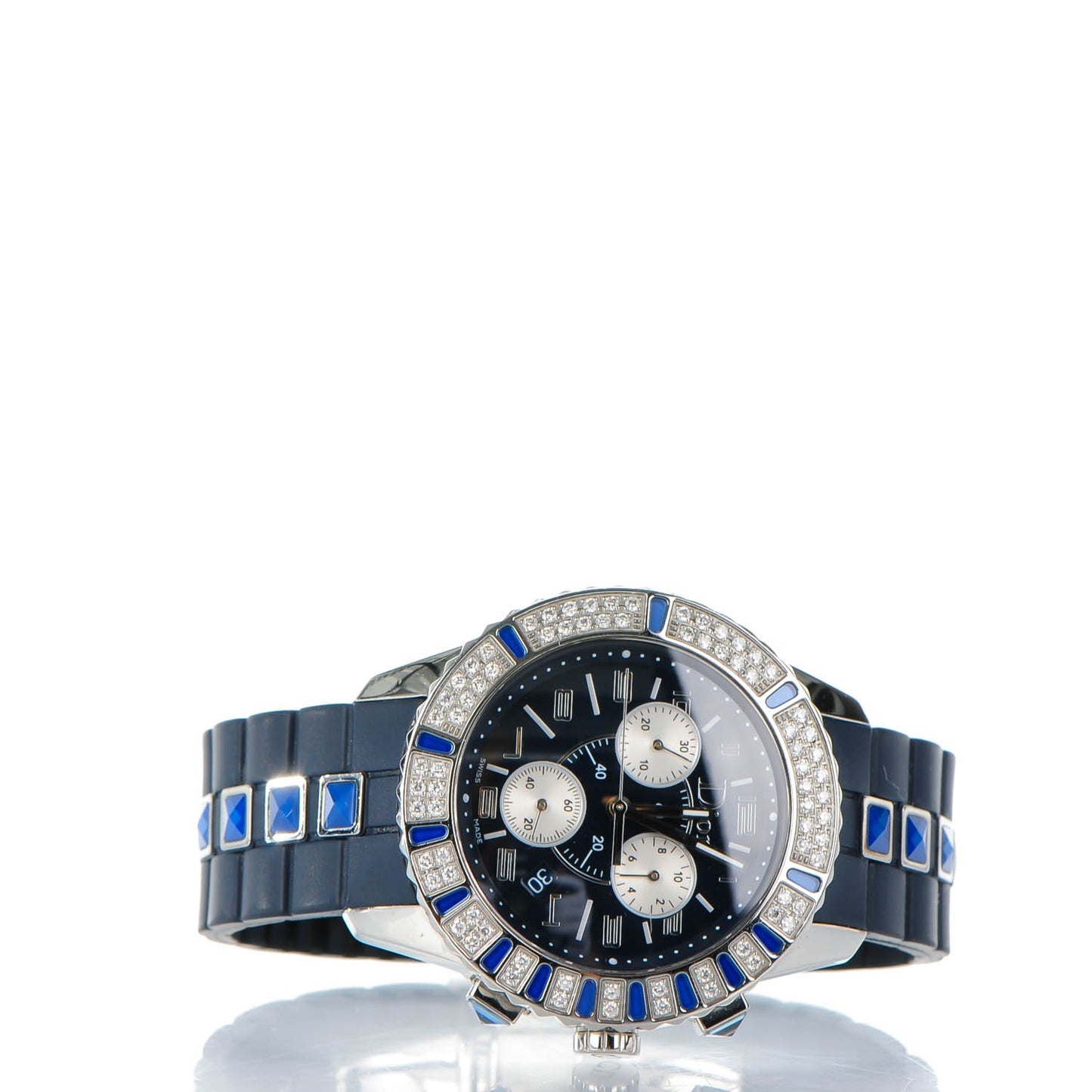 Stainless Steel Rubber Diamond Blue Sapphire 38mm Christal Chronograph Quartz Watch Blue