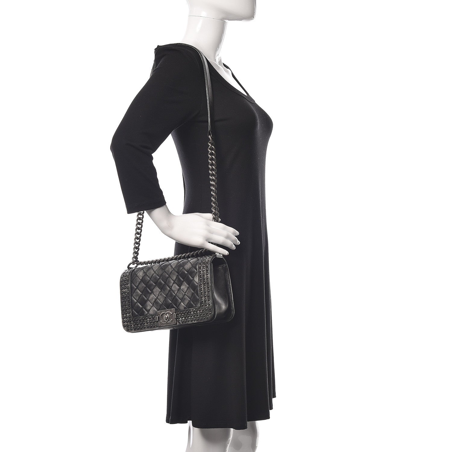 Chanel Faded Calfskin Quilted Medium Studded Boy Flap Black 2 of 18