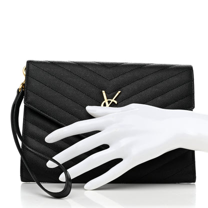 Saint Laurent Grain De Poudre Matelasse Chevron Monogram Envelope Clutch Black 2 of 8