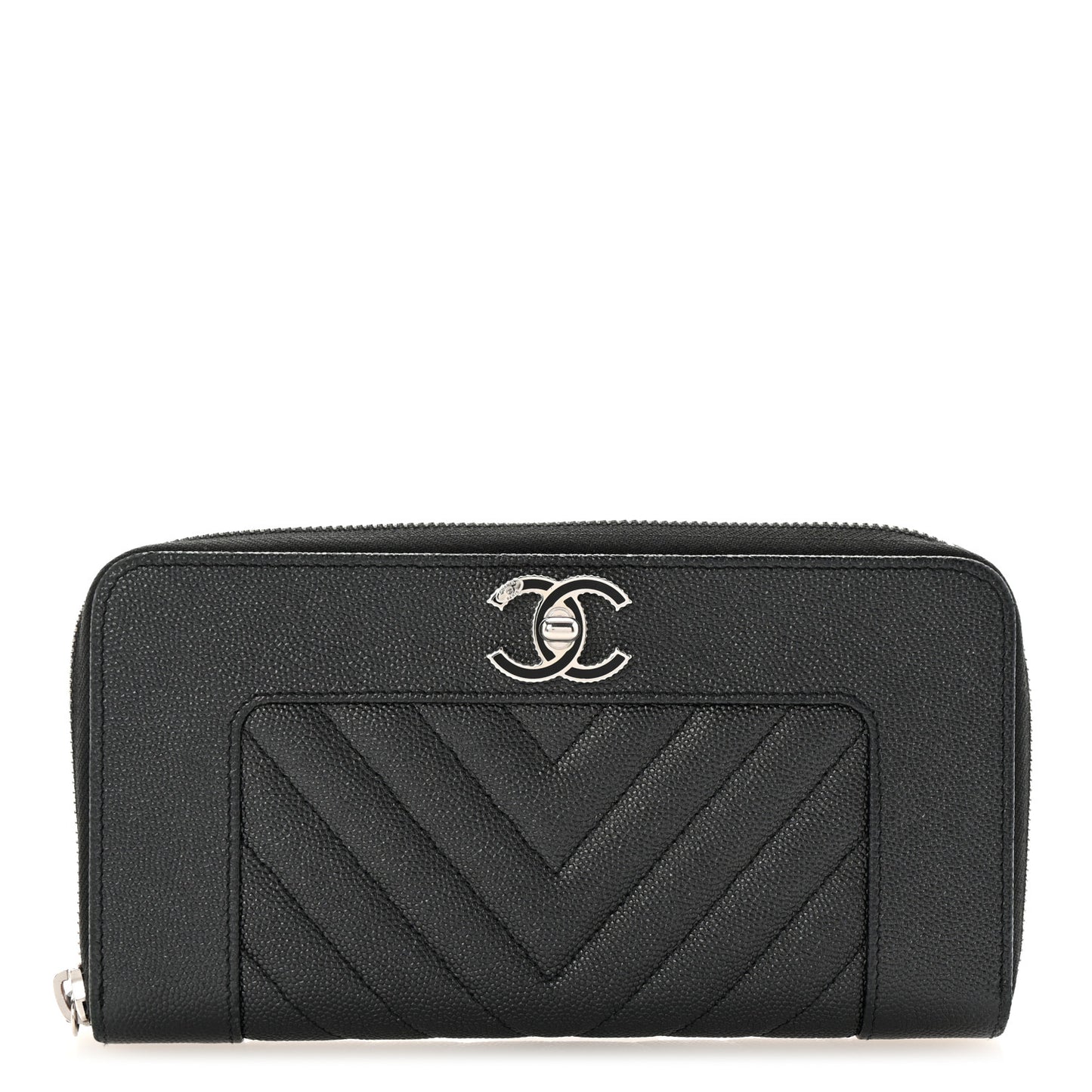 Caviar Sheepskin Chevron Quilted Mademoiselle Vintage Zip Around Wallet Black