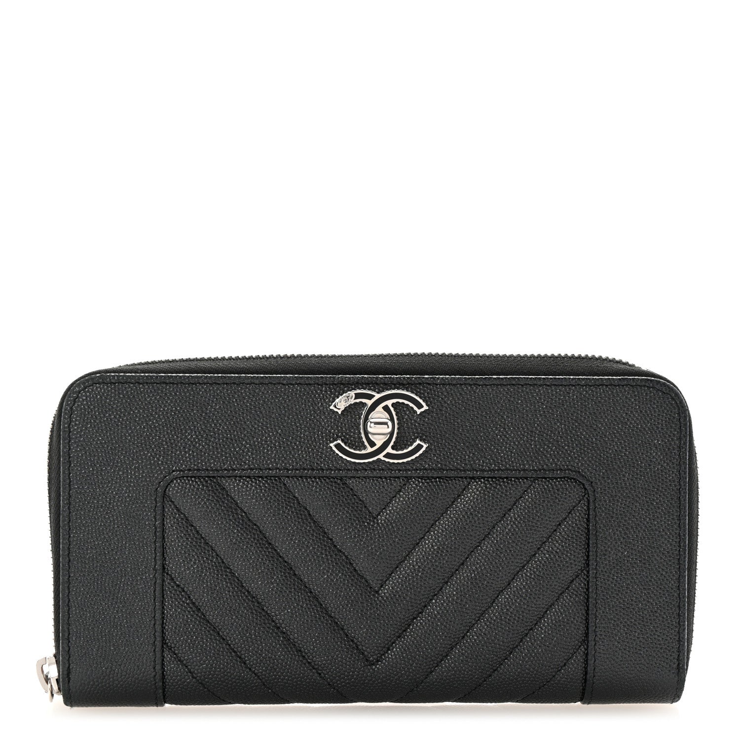 Chanel Caviar Sheepskin Chevron Quilted Mademoiselle Vintage Zip Around Wallet Black 1 of 8