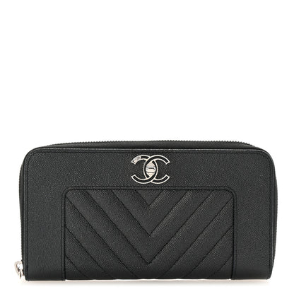 Chanel Caviar Sheepskin Chevron Quilted Mademoiselle Vintage Zip Around Wallet Black 1 of 8