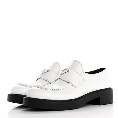 Prada Brushed Calfskin Metal Triangle Logo 20mm Loafers 39.5 White 4 of 13