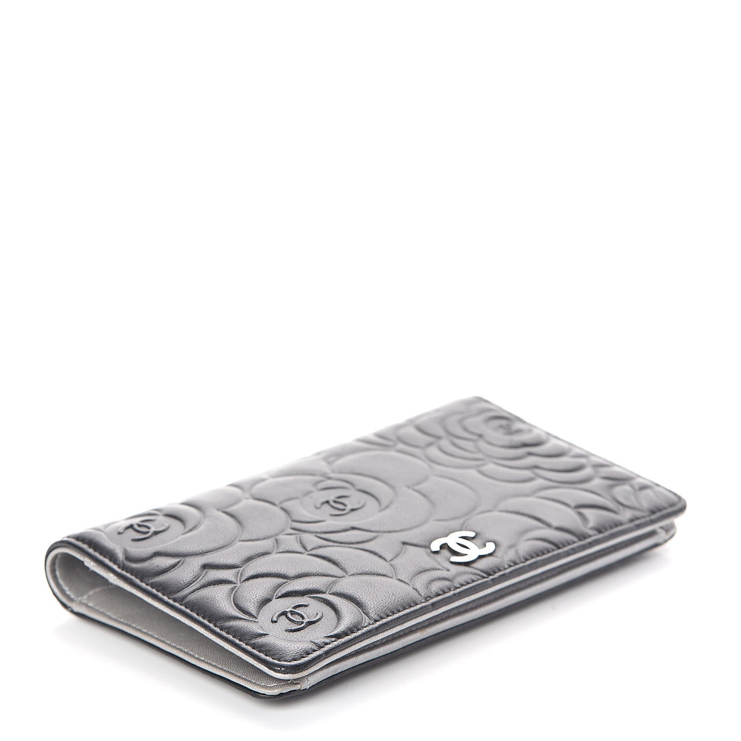 Lambskin Camellia Embossed Yen Wallet Black