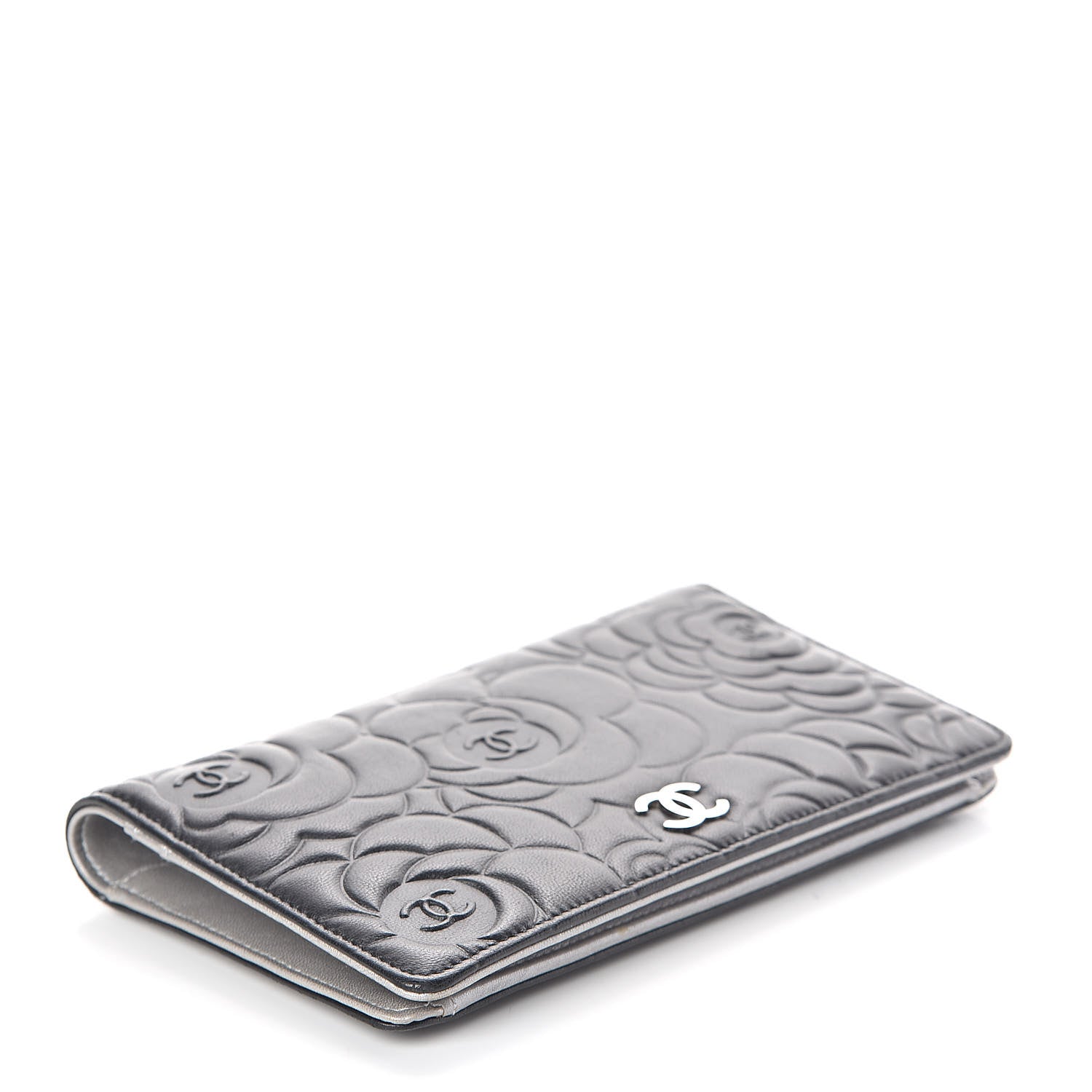 Chanel Lambskin Camellia Embossed Yen Wallet Black 4 of 12