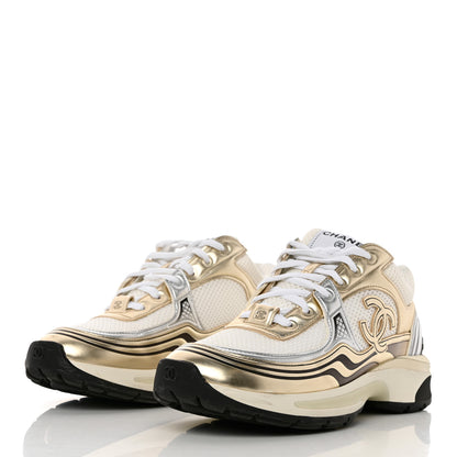 Chanel Nylon Metallic Lambskin CC Sneakers 37.5 White Gold 3 of 9