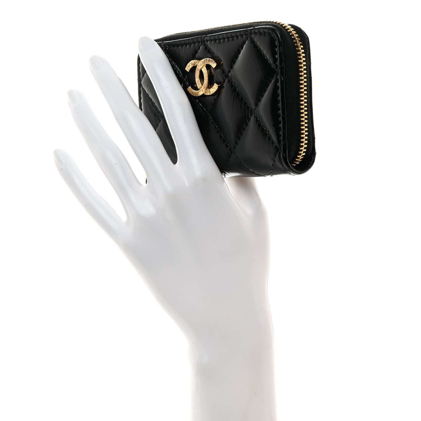 Shiny Lambskin Quilted Textured CC Zip Coin Purse Black