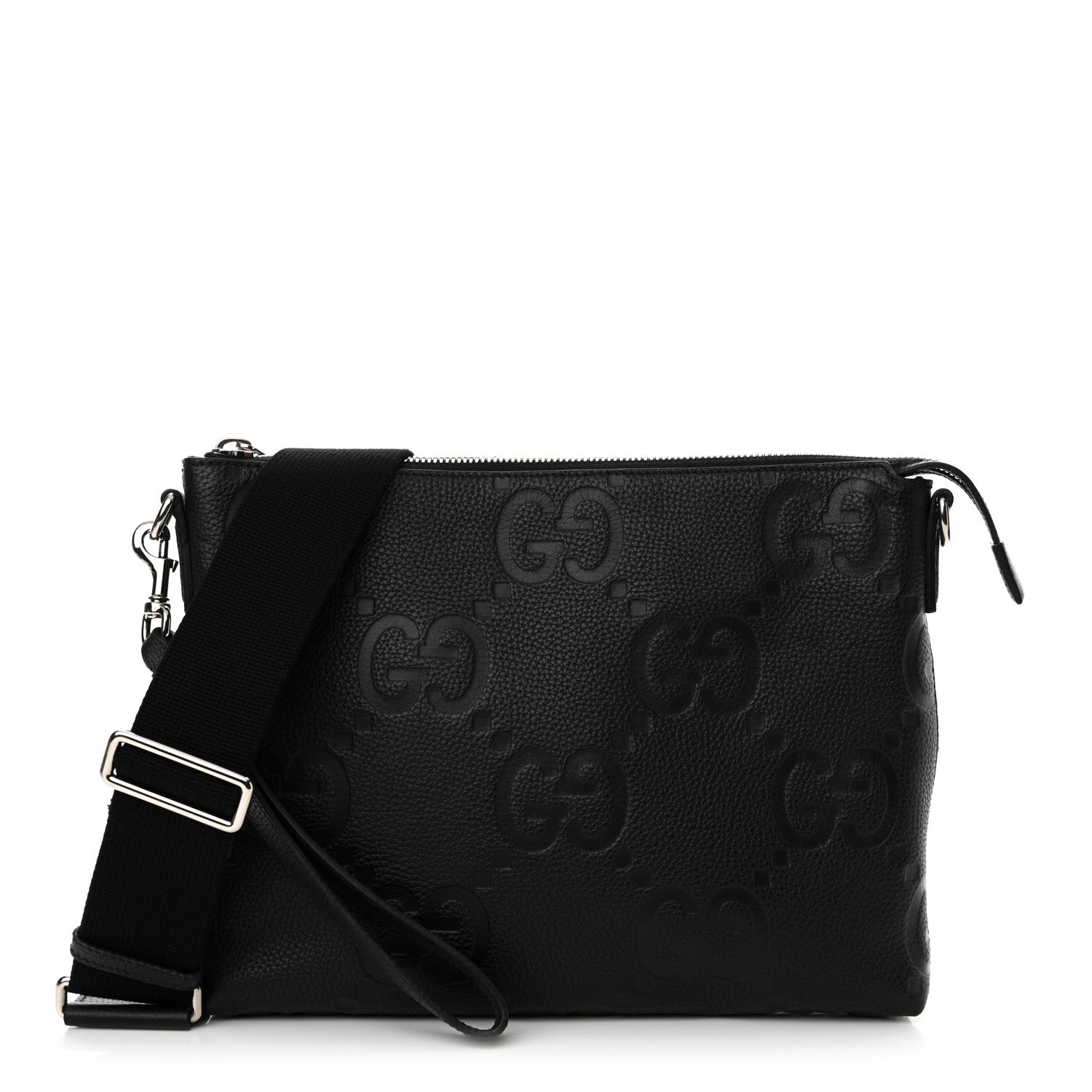 Gucci Piuma Calfskin Jumbo GG Embossed Medium Wristlet Messenger Bag Black 1 of 10