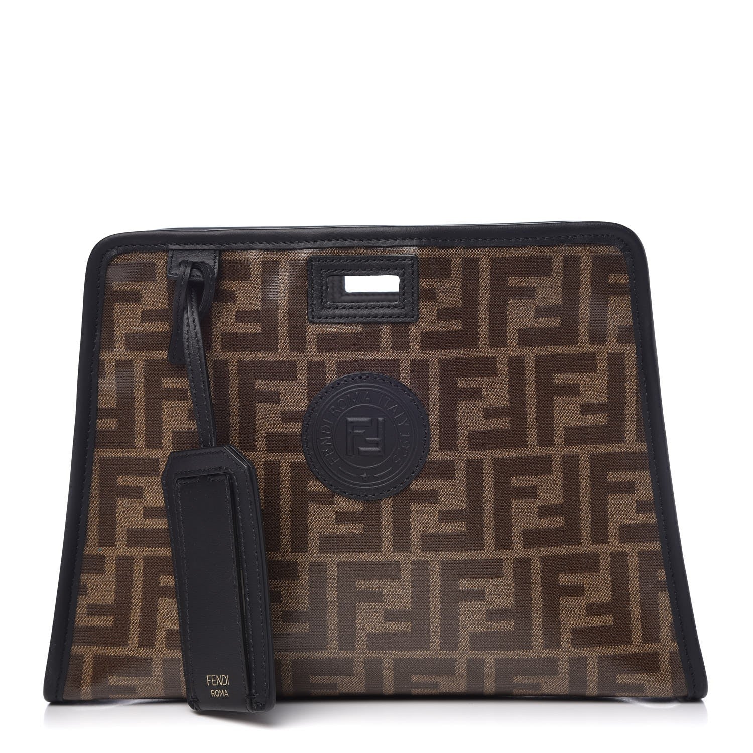 Fendi Glazed Fabric Vitello Century FF 1974 Stamp Patch Mini Peekaboo Defender Cover Mogano Panna Black 1 of 8