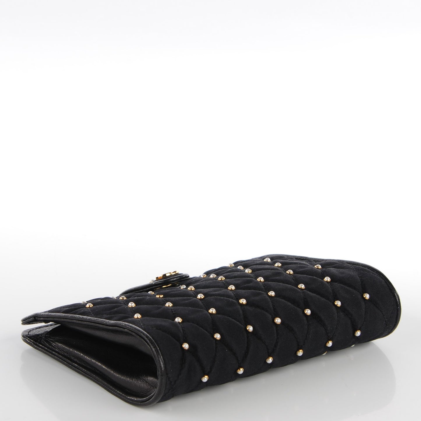 Satin Pearl Quilted CC Clutch Black