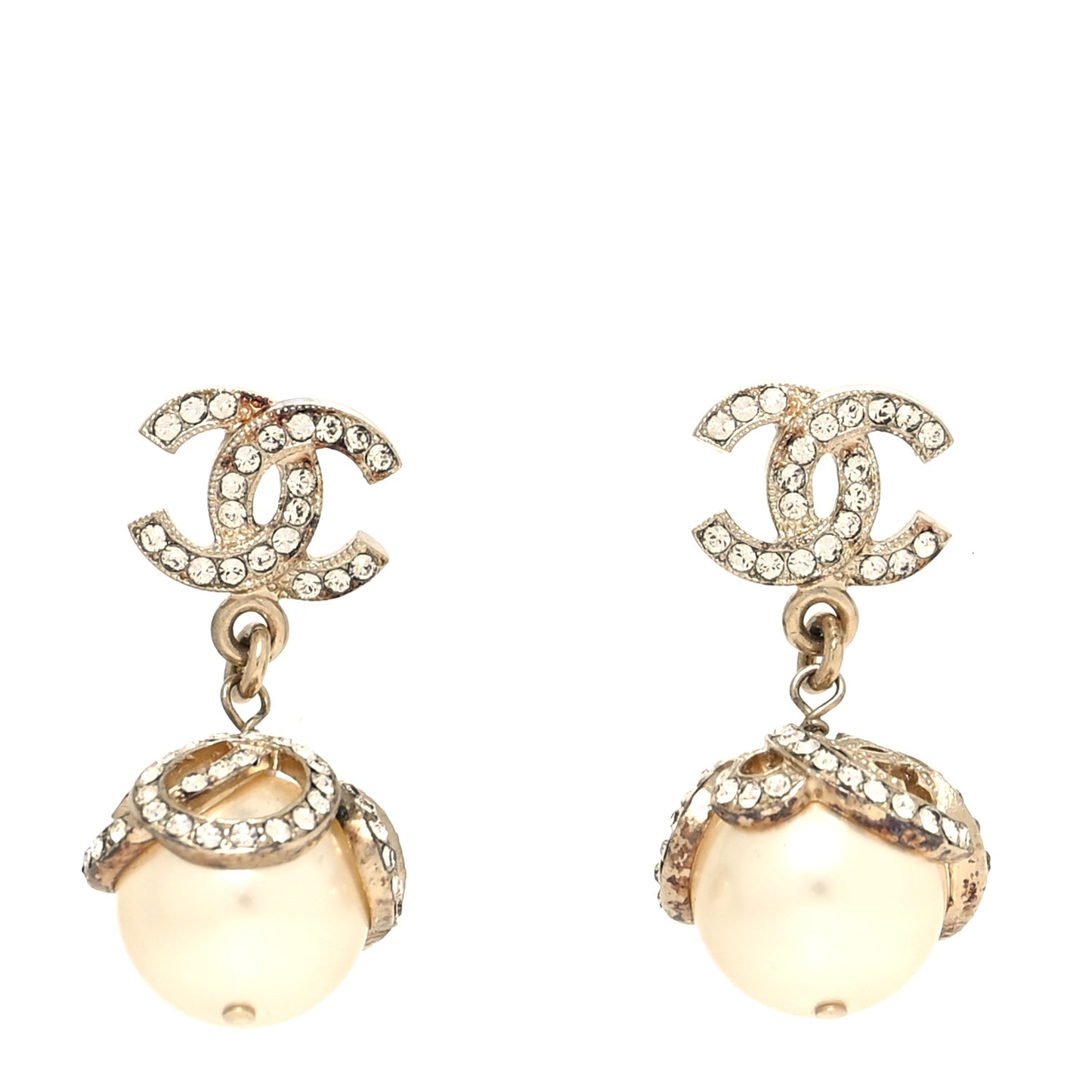 Crystal Pearl CC Drop Earrings Gold
