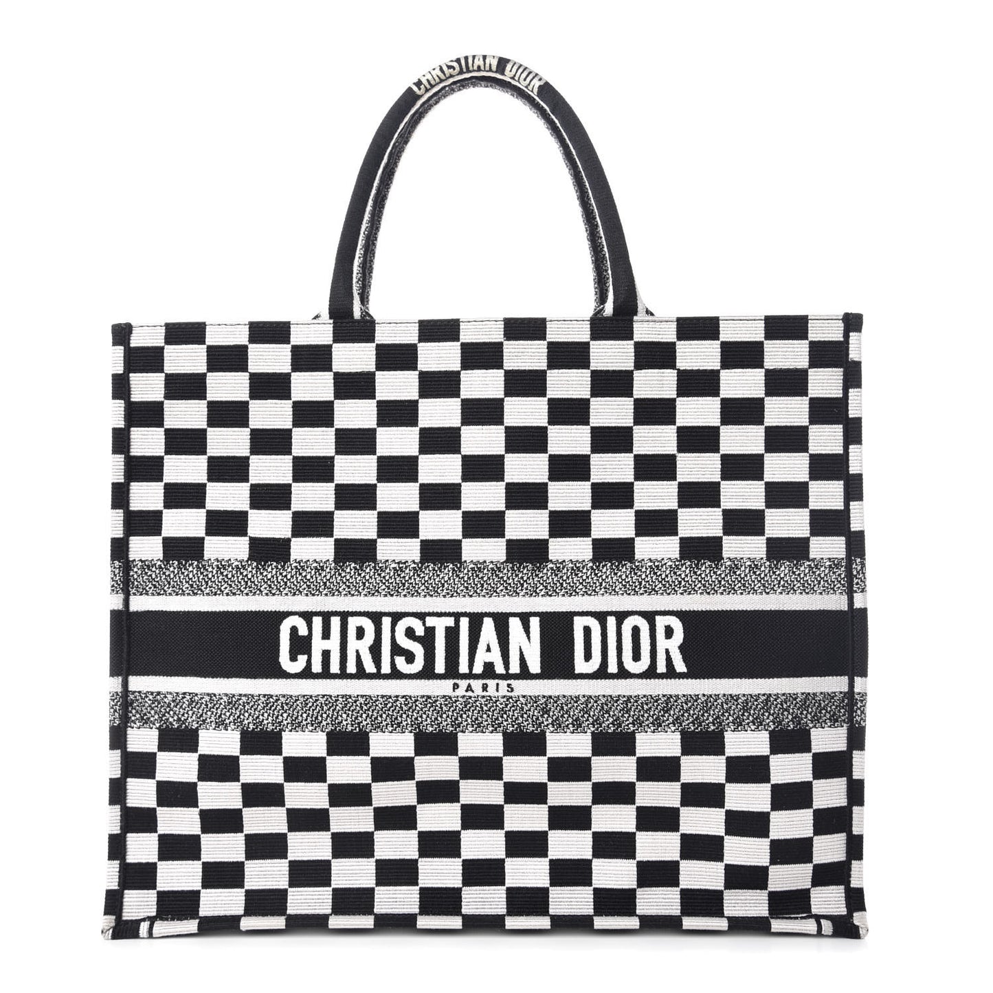 Canvas Embroidered Checkered Book Tote Black White
