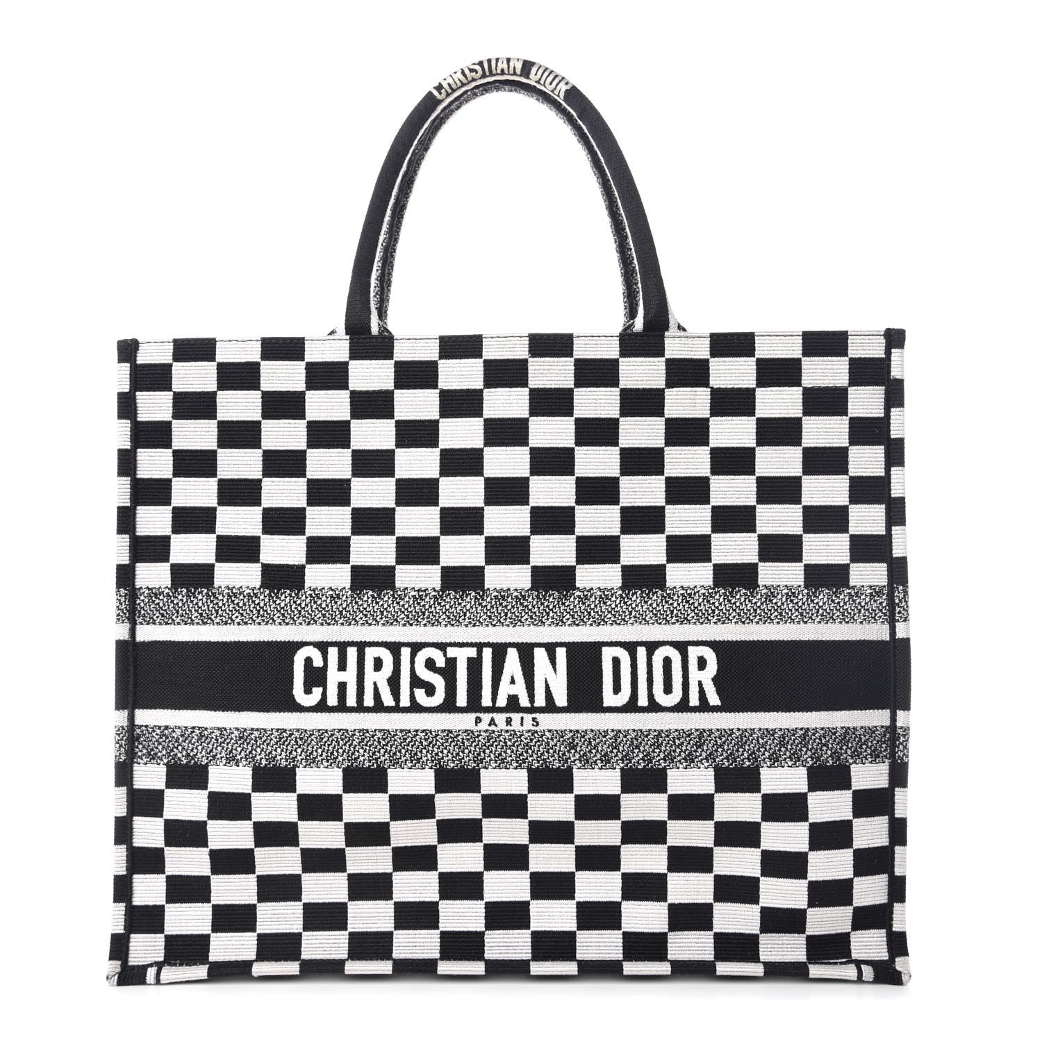 Christian Dior Canvas Embroidered Checkered Book Tote Black White 1 of 11