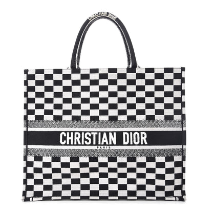Christian Dior Canvas Embroidered Checkered Book Tote Black White 1 of 11