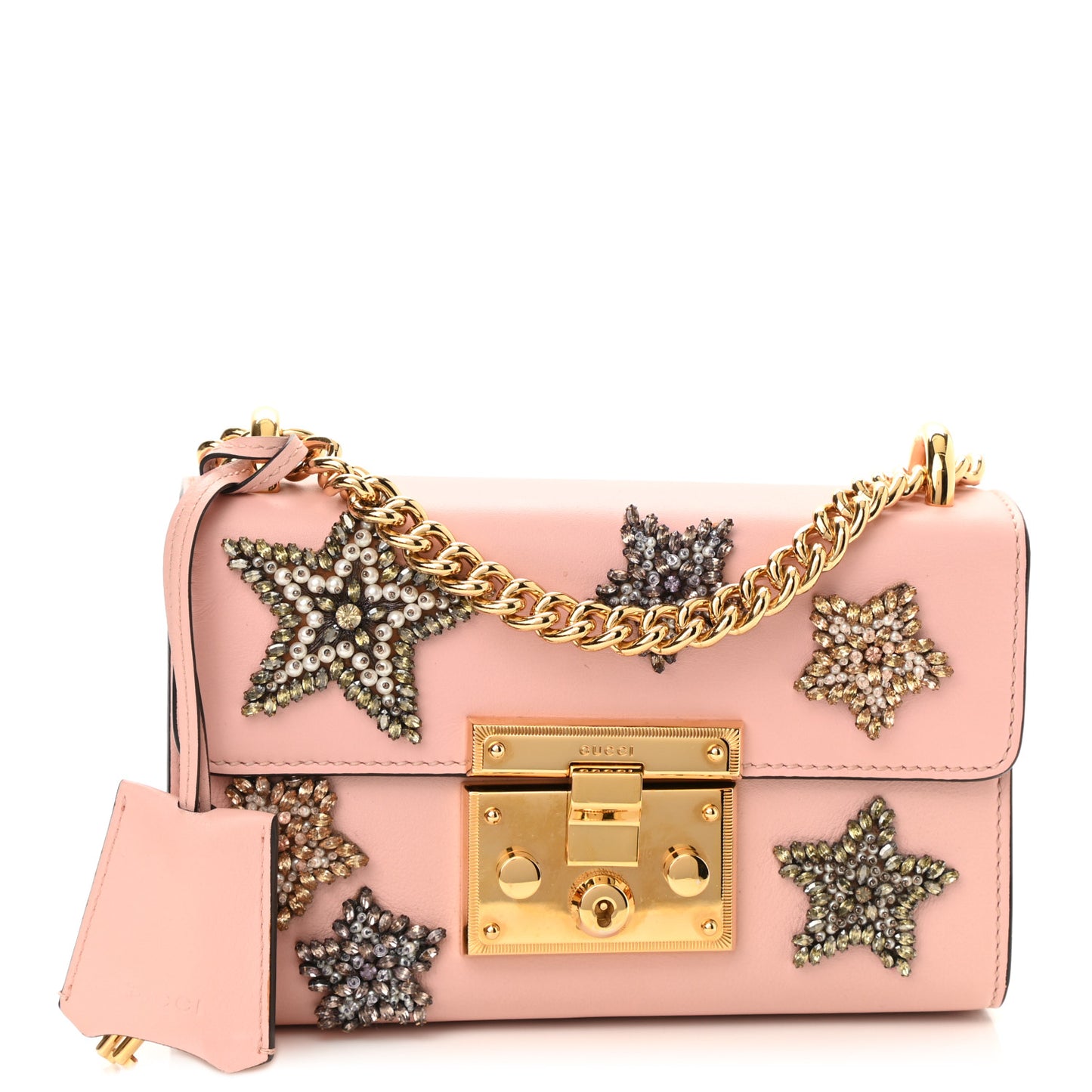 Calfskin Crystal Star Embroidered Small Padlock Shoulder Bag Perfect Pink Multicolor