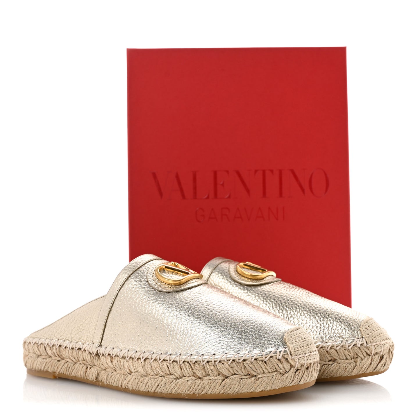 Metallic Pebbled Calfskin Vlogo Espadrille Mules 39 Platino