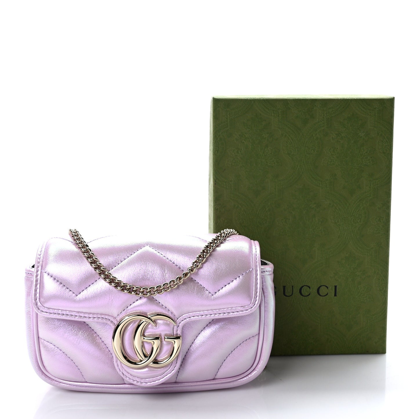 Iridescent Nappa Chevron Matelasse Super Mini GG Marmont Shoulder Bag Iridescent Escape Pink