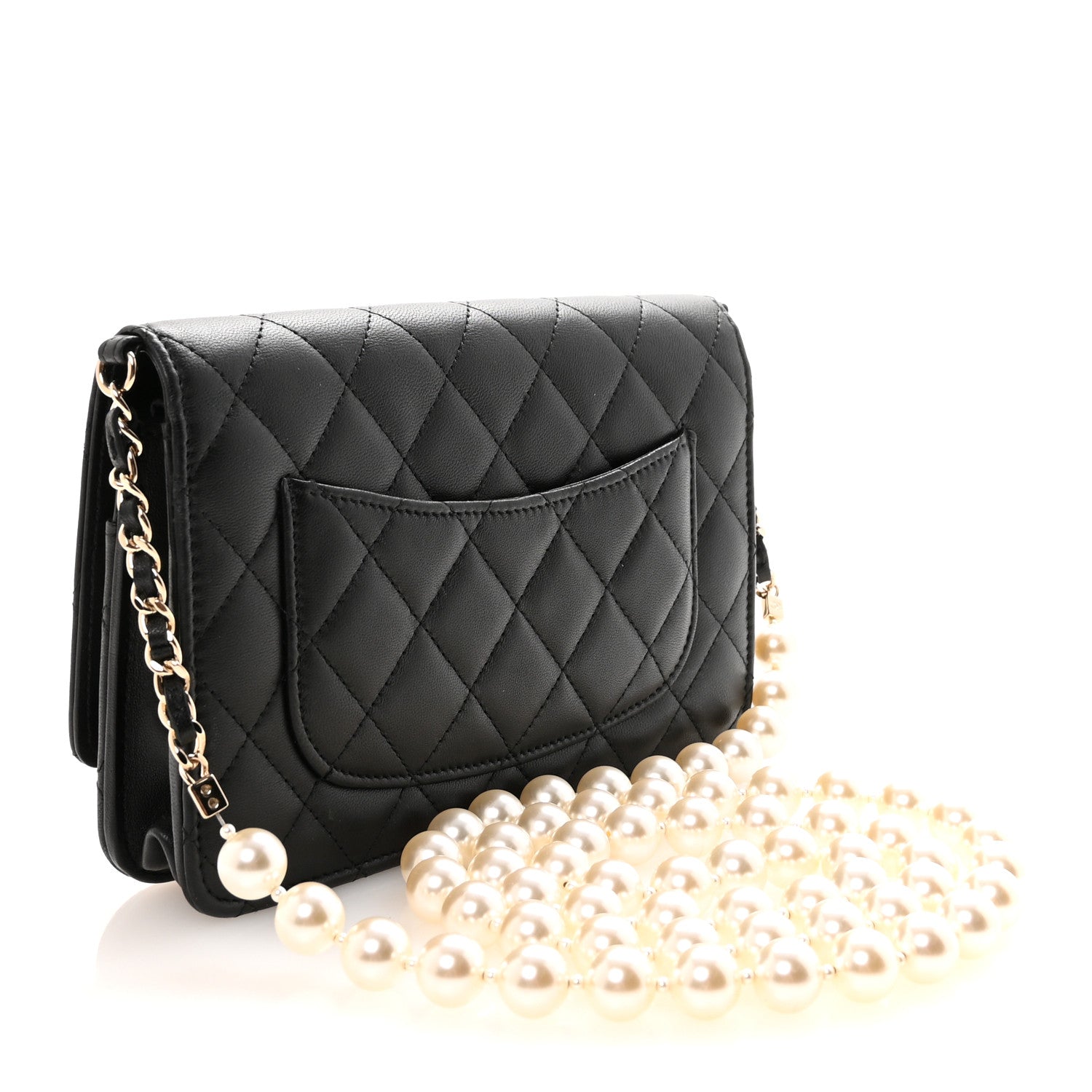 Chanel Lambskin Quilted Pearl Wallet On Chain WOC Black 3 of 12