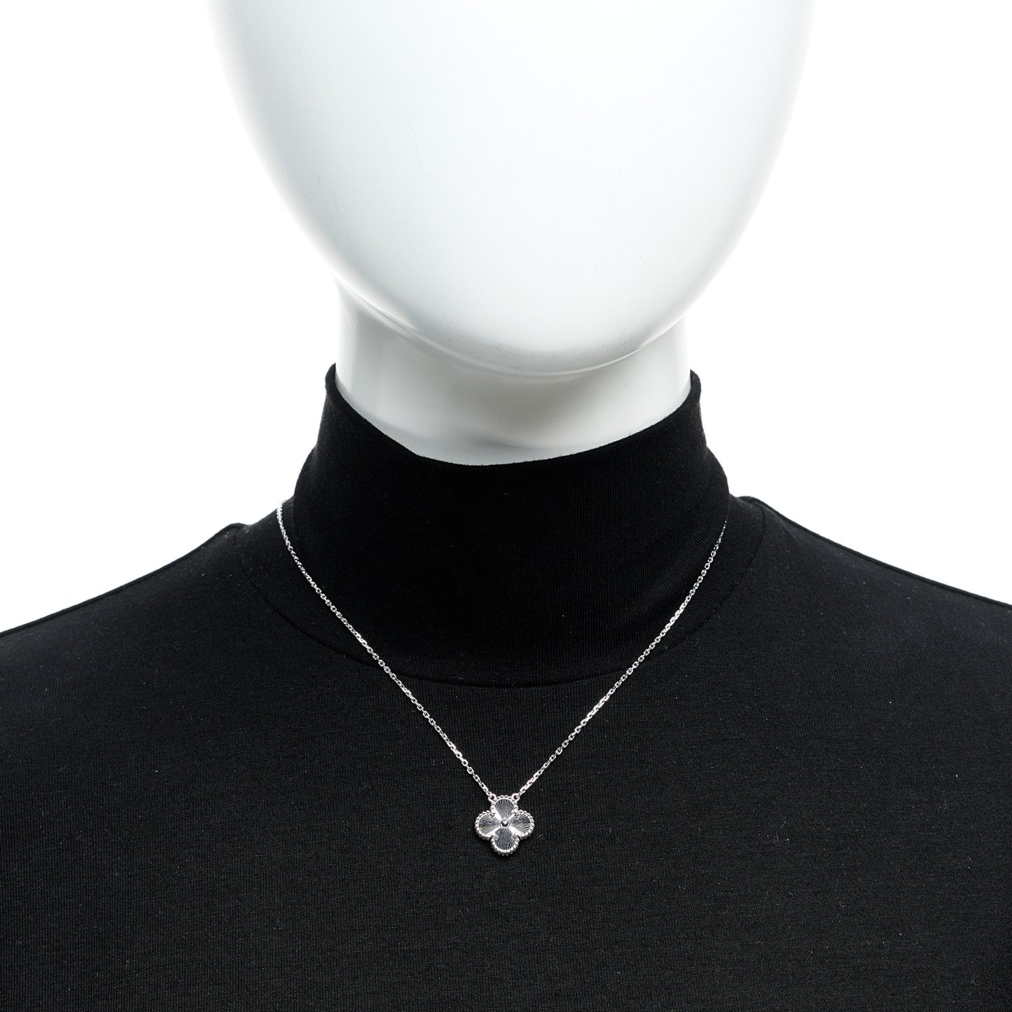 18K White Gold Guilloche Vintage Alhambra Pendant Necklace