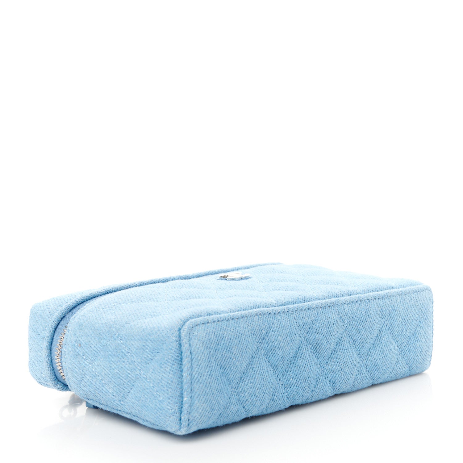 Chanel Denim Quilted Top Handle Slim Vanity Case With Chain Blue