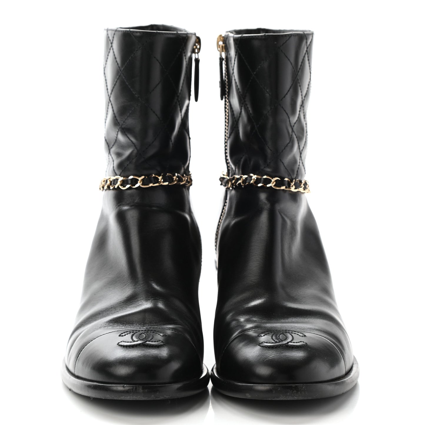 Crumpled Calfskin Chain CC Cap Toe Short Boots 38.5 Black