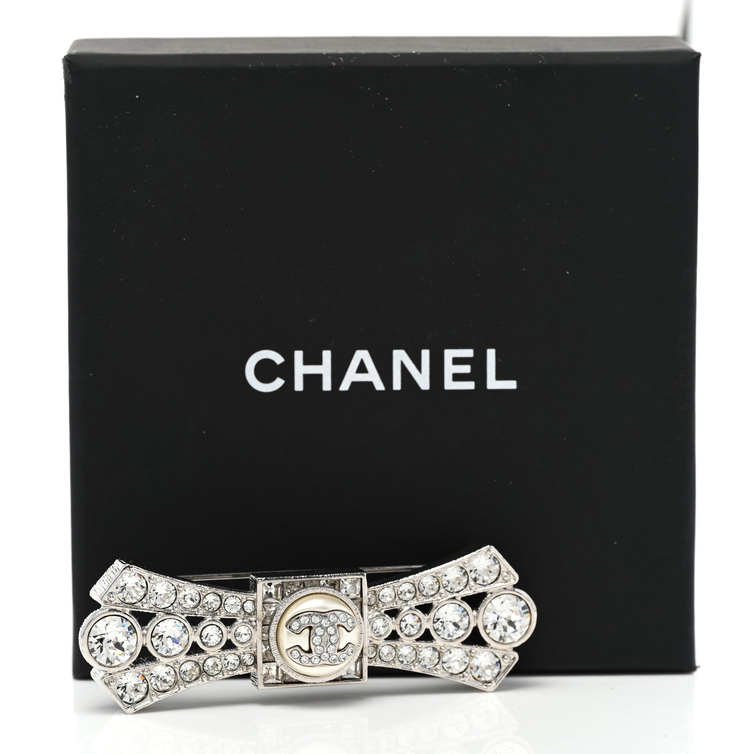 Chanel Metal Crystal CC Logo Bow Brooch Silver 5 of 5