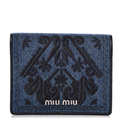 Miu Miu Denim Embroidered Compact Wallet Blue 1 of 6