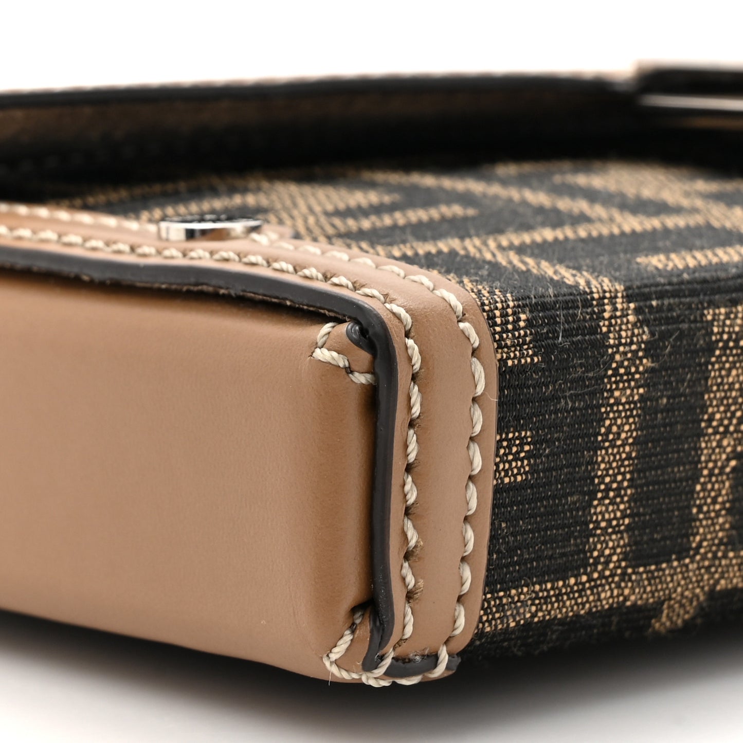 Recycled Fabric Jacquard Vitello King FF 1974 Baguette Soft Trunk Phone Pouch Tobacco Moro Sand