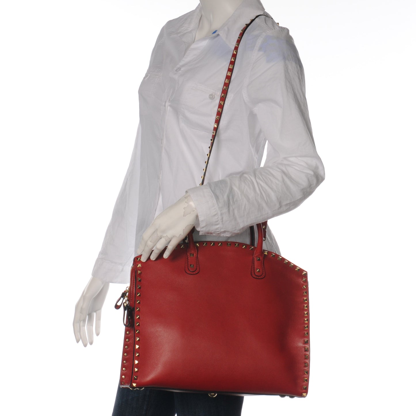 Leather Rockstud Dome Shopper Red