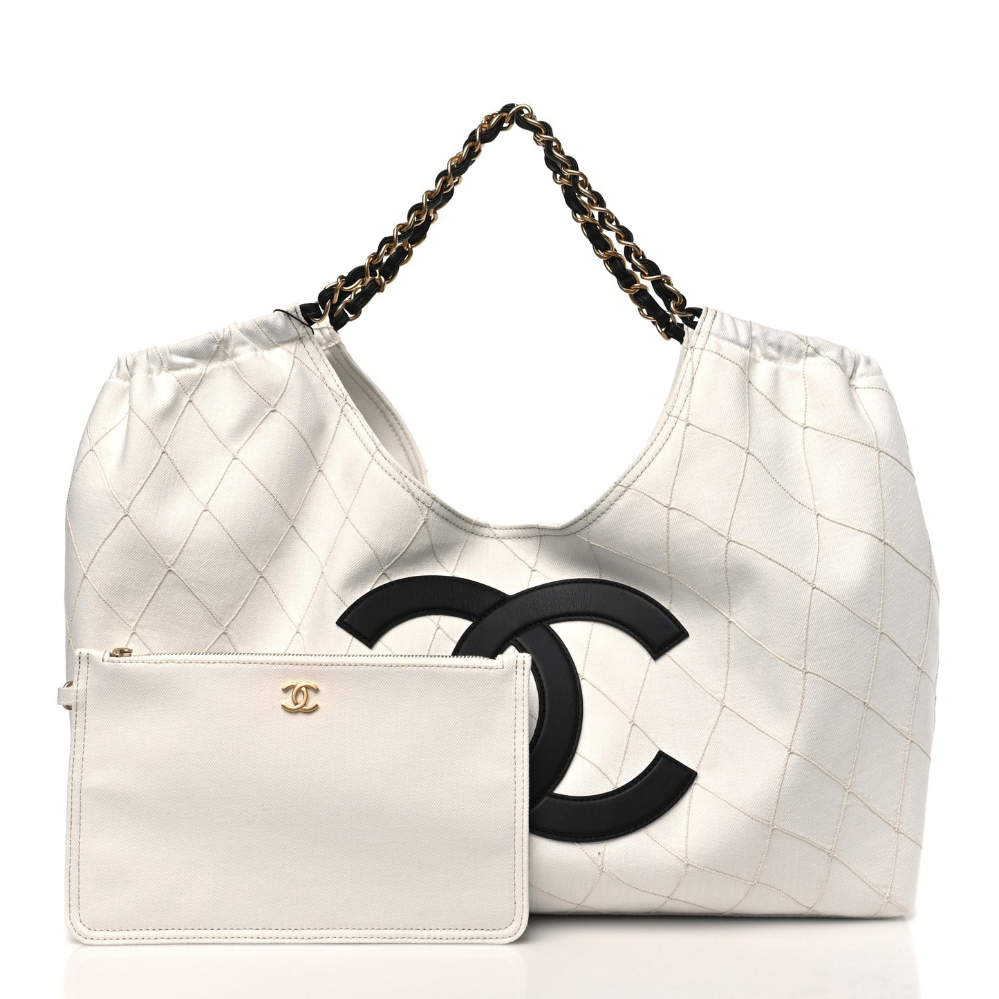 Denim Calfskin Quilted Coco Beach Small Shopping Tote White Black