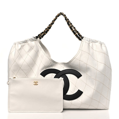 Chanel Denim Calfskin Quilted Coco Beach Small Shopping Tote White Black 4 of 21