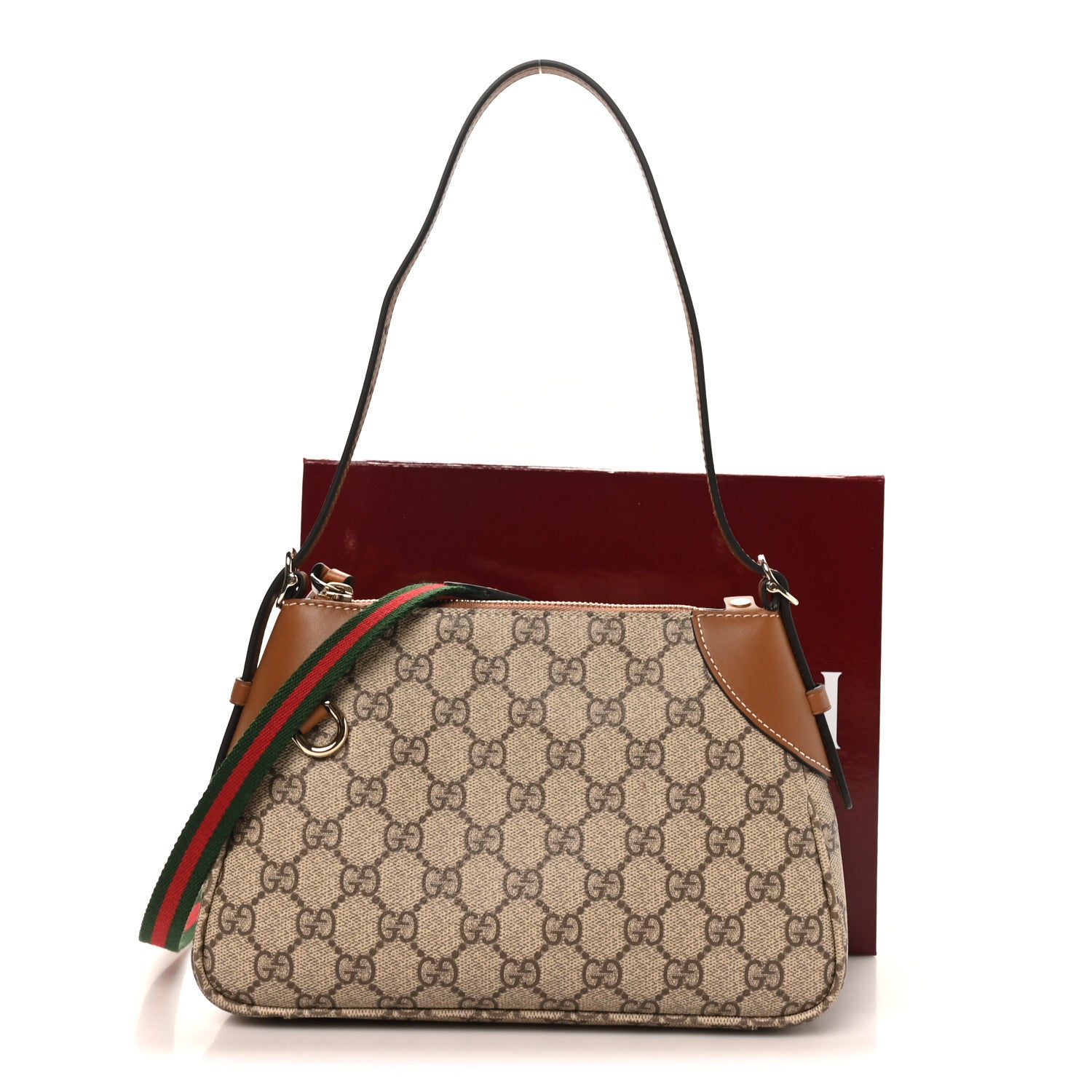 Gucci GG Supreme Monogram Textured Calfskin Small Emblem Shoulder Bag Beige Dark Brown 10 of 10