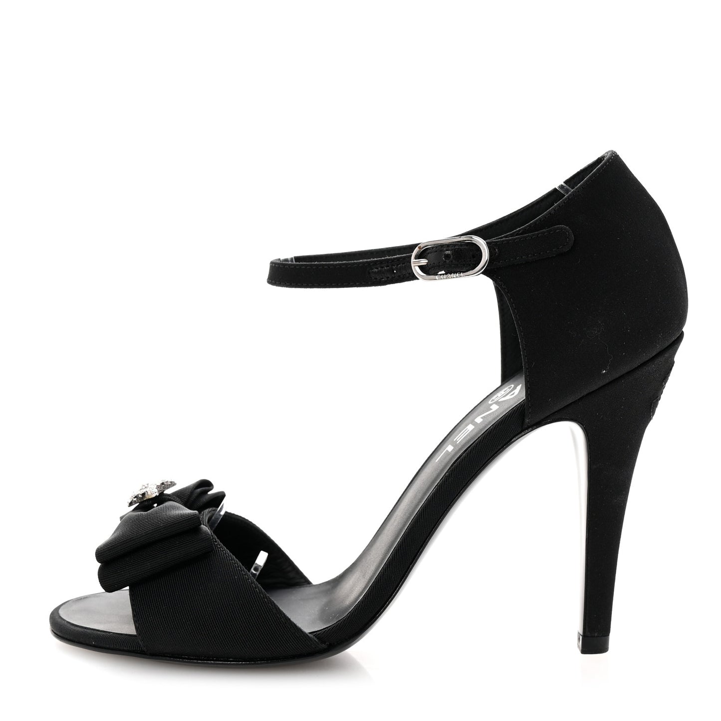 Crepe Grosgrain Crystal Bow Open Toe Sandals 37 Black