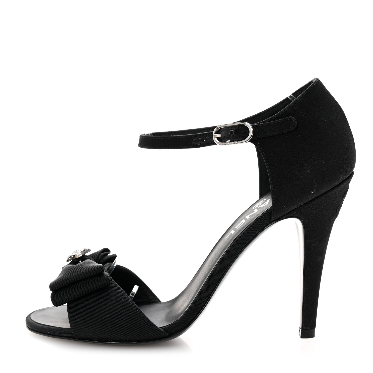 Chanel Crepe Grosgrain Crystal Bow Open Toe Sandals 37 Black 1 of 10