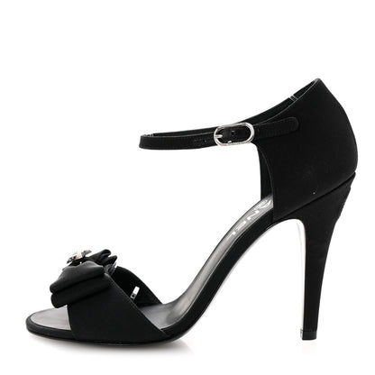 Chanel Crepe Grosgrain Crystal Bow Open Toe Sandals 37 Black 1 of 10