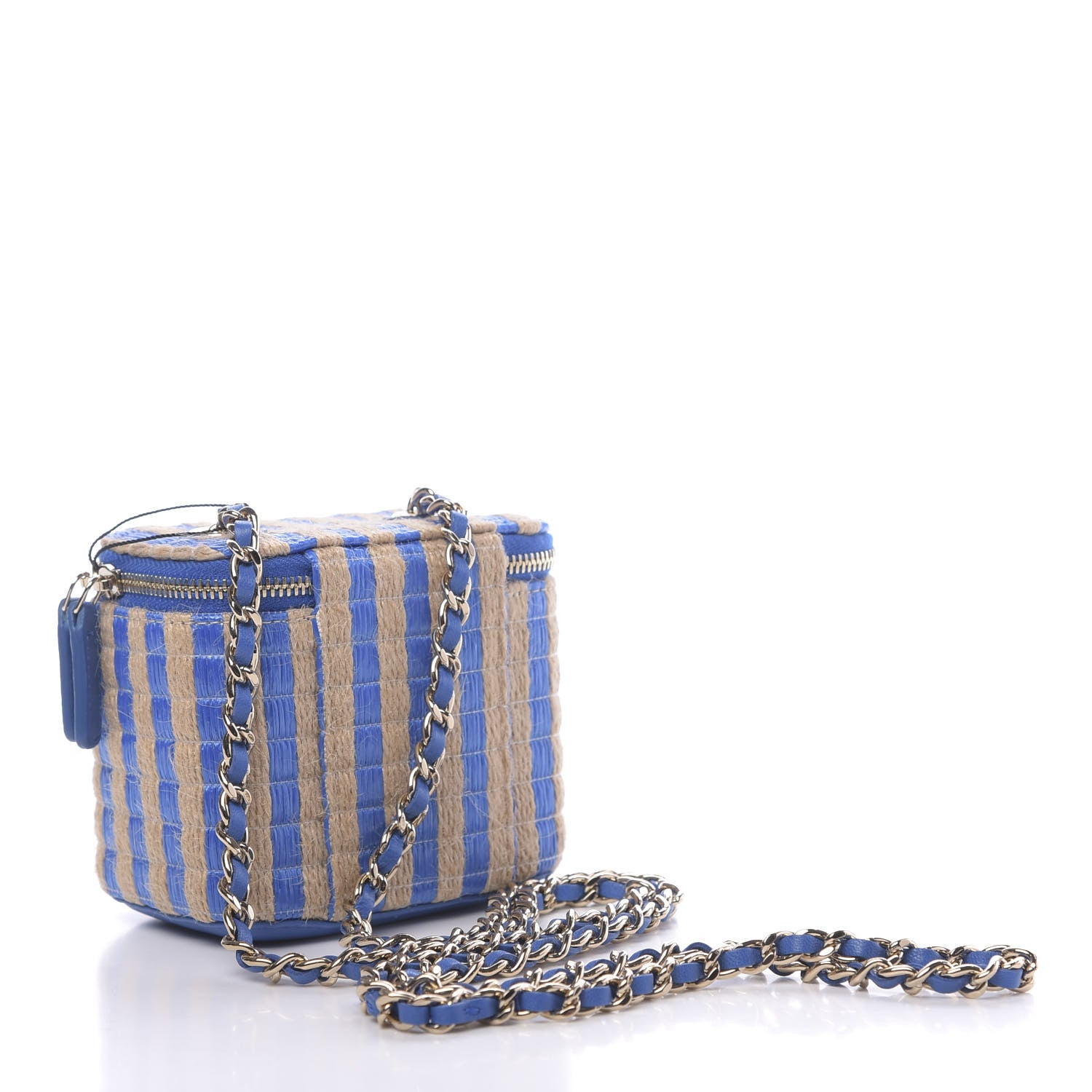 Chanel Raffia Jute Striped Mini Vanity Case With Chain Blue Beige 3 of 11