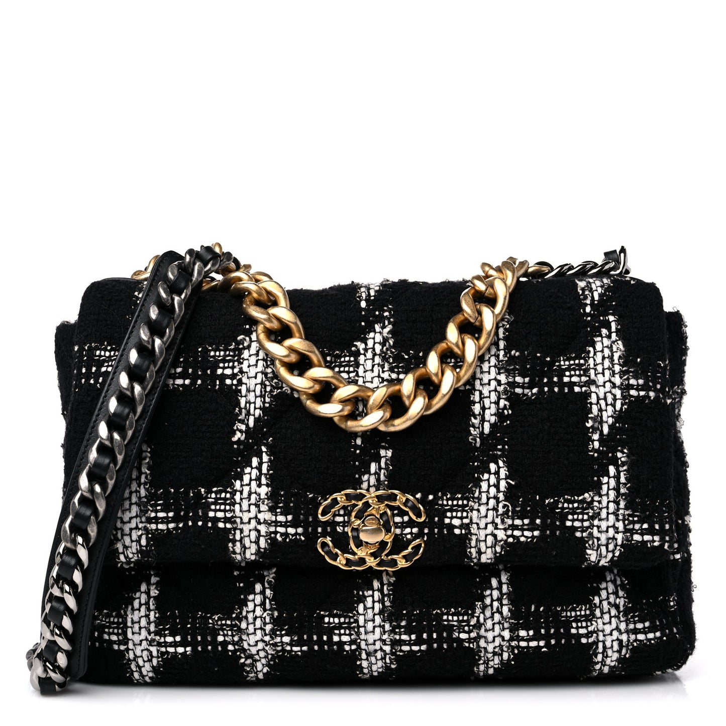 Tweed Quilted Large Chanel 19 Flap Black White