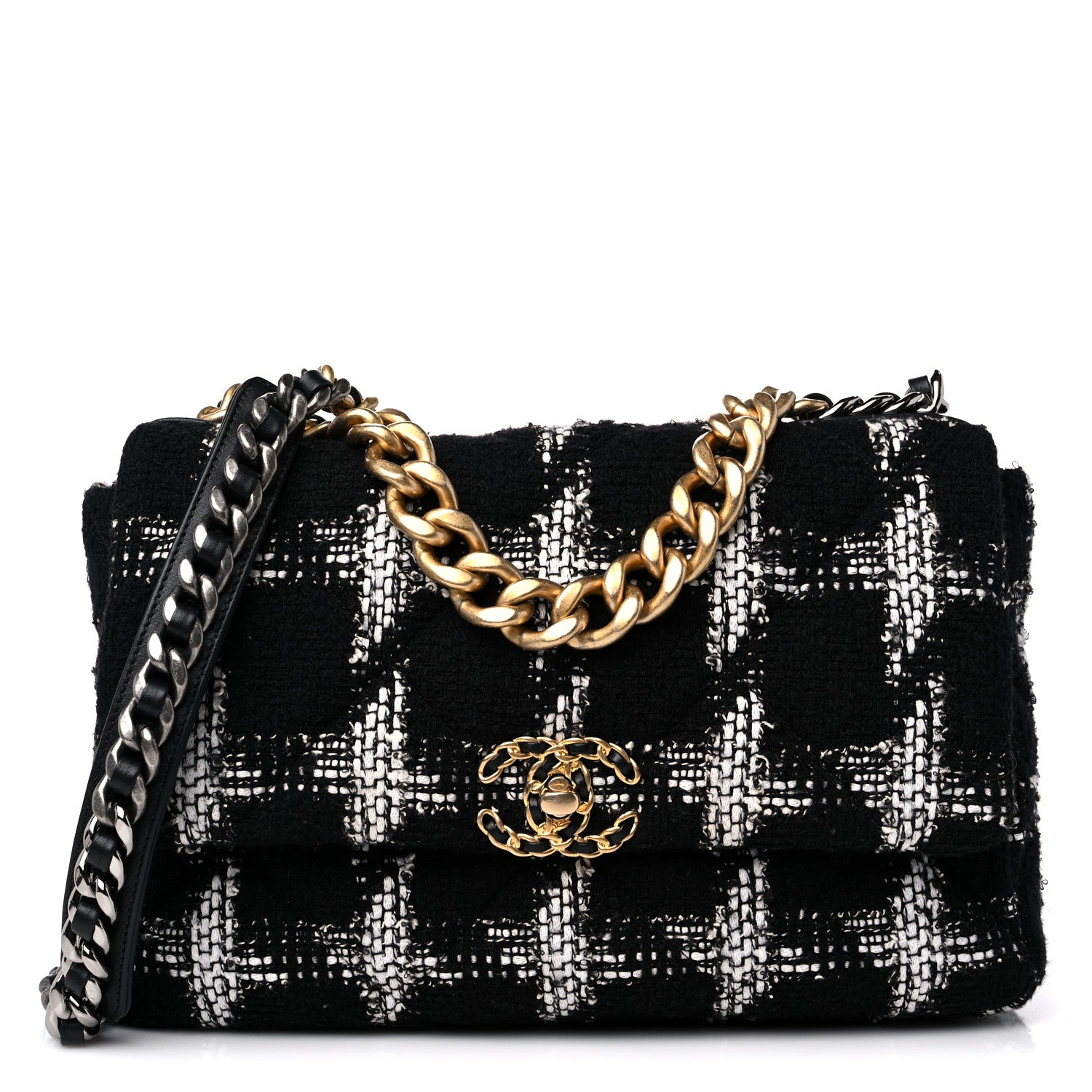 Chanel Tweed Quilted Large Chanel 19 Flap Black White 1 of 10