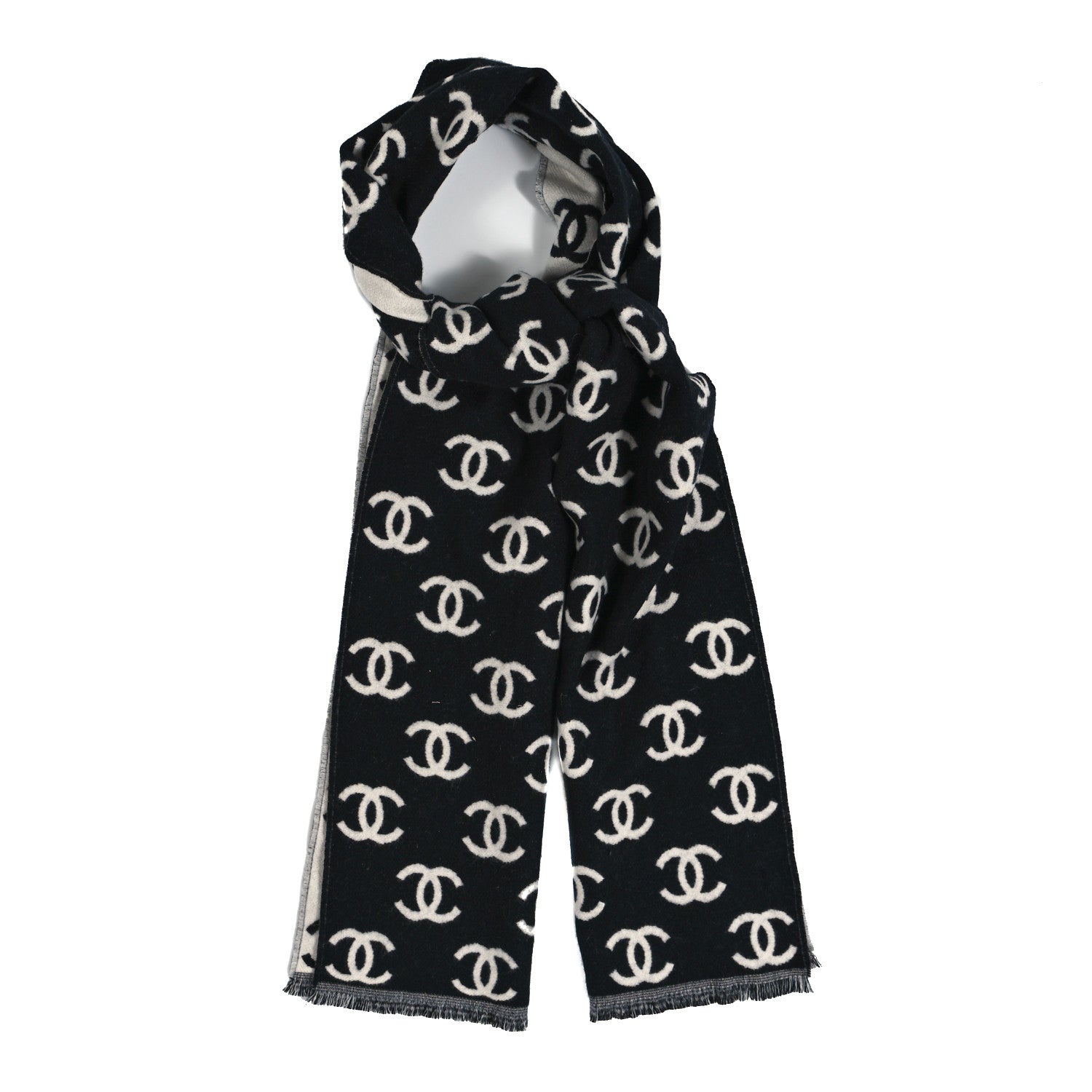 Chanel Wool Cashmere CC Scarf Black White 1 of 4