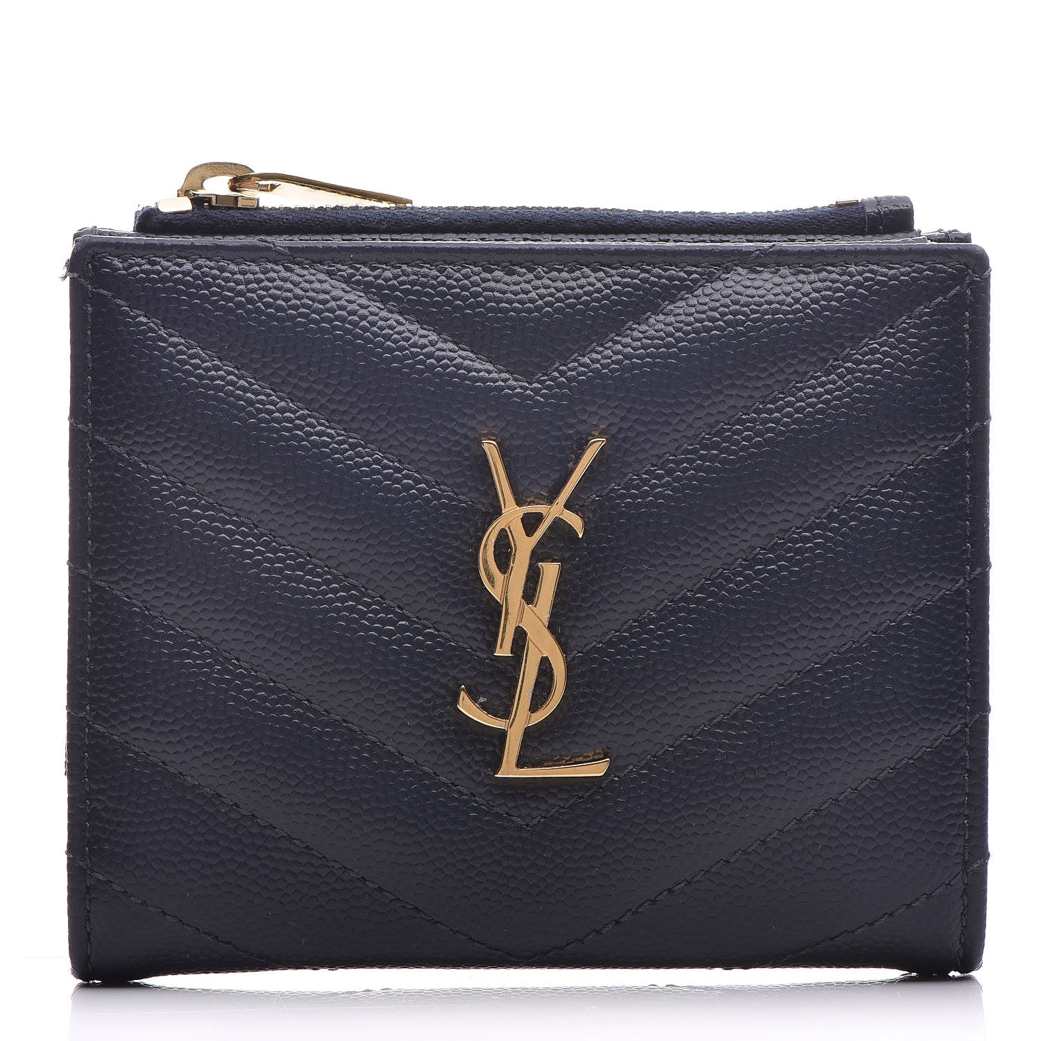 Saint Laurent Grain De Poudre Matelasse Chevron Monogram Zipped Card Case Navy 1 of 10