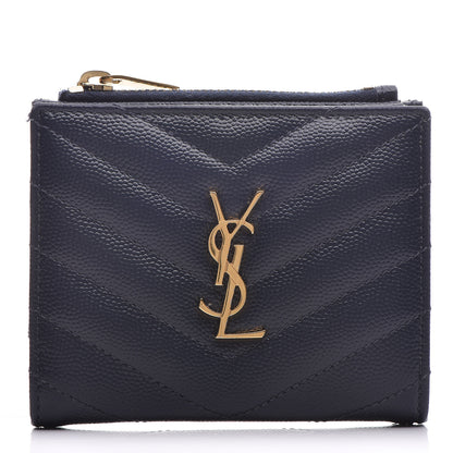 Saint Laurent Grain De Poudre Matelasse Chevron Monogram Zipped Card Case Navy 1 of 10