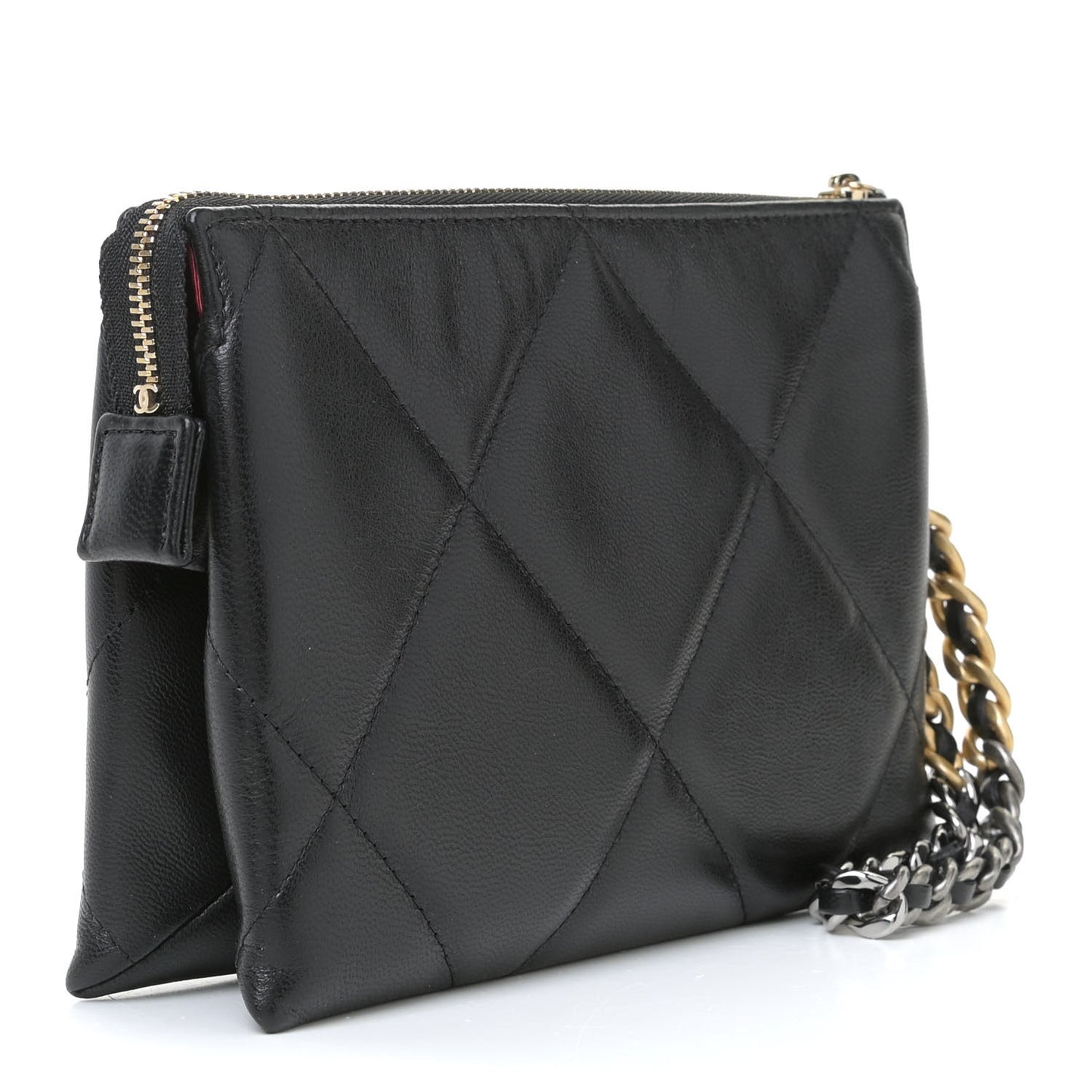 Shiny Goatskin Quilted Small Chanel 19 Pouch With Handle Black