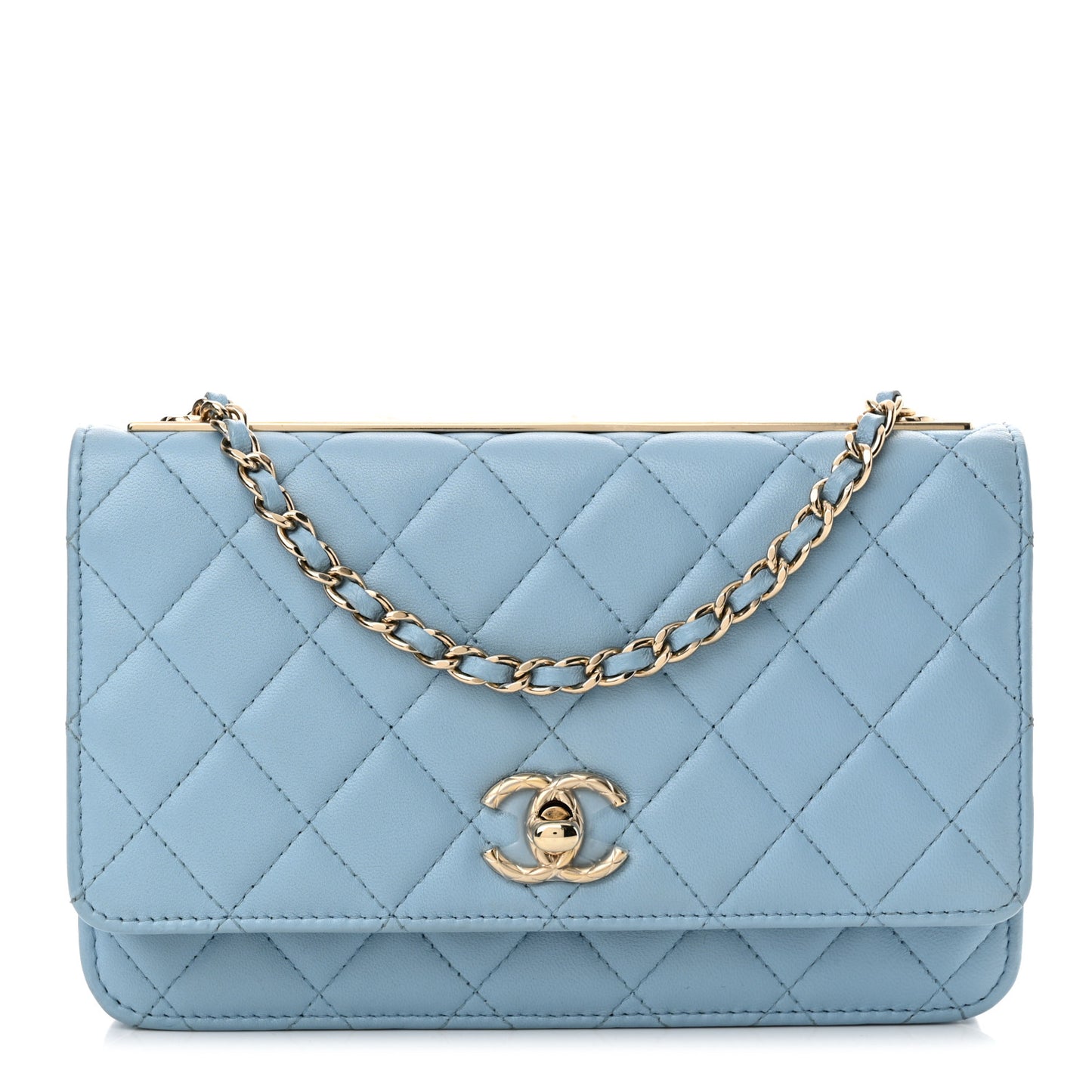 Lambskin Quilted Trendy CC Wallet On Chain WOC Light Blue