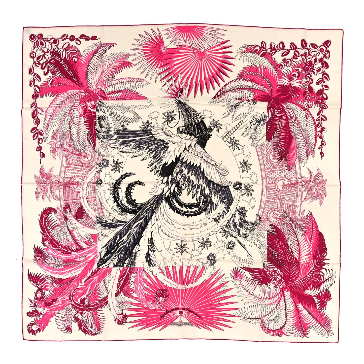 Cashmere Silk Mythiques Phoenix Coloriage Shawl 140 White Rose Black