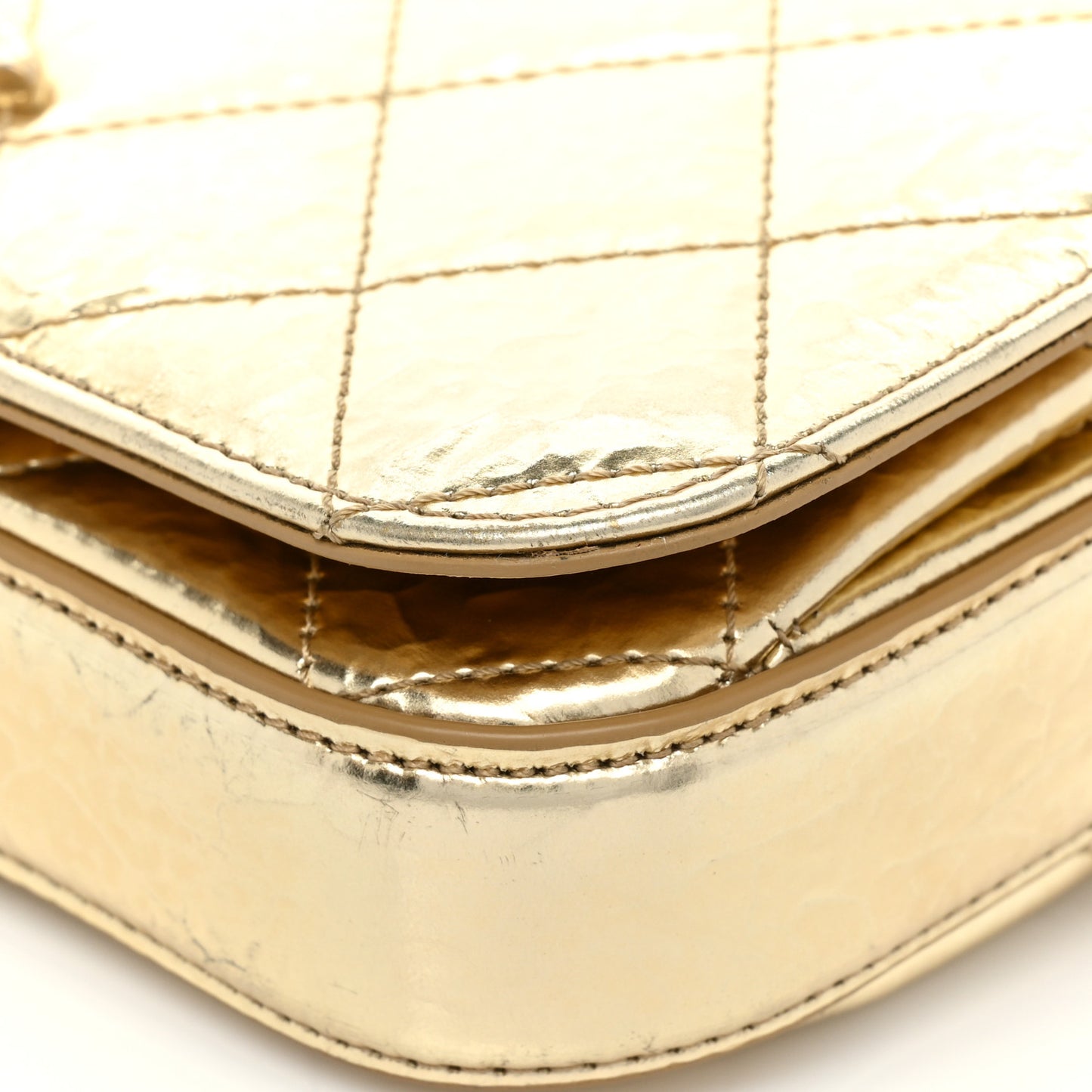 Hammered Metallic Calfskin Quilted Flap Gold