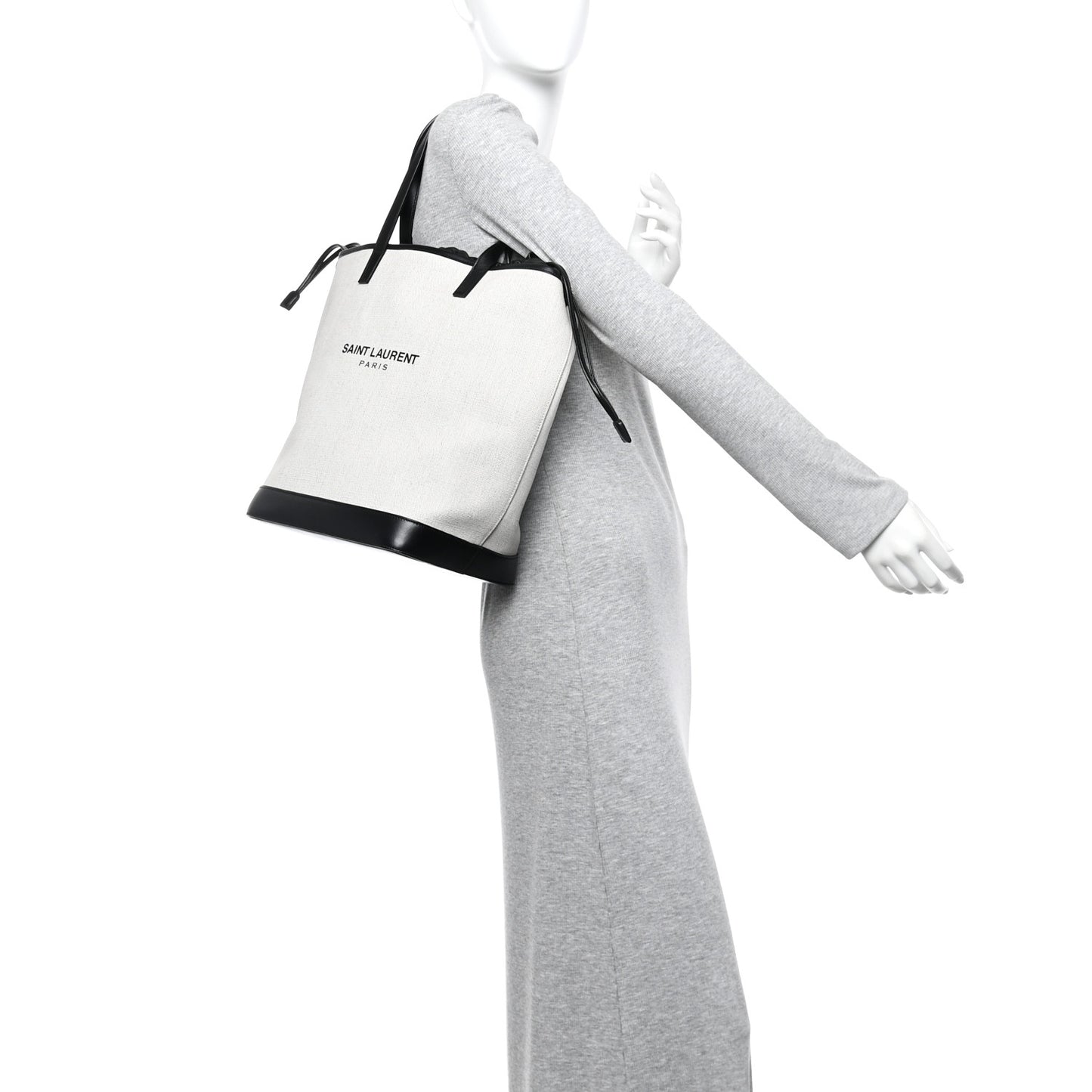 Canvas Calfskin Teddy Drawstring Shopping Tote White Black